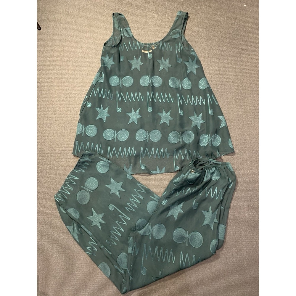Victoria Secret Gold Label Sheer Pajamas Set Size Medium Green Geometric Vintage